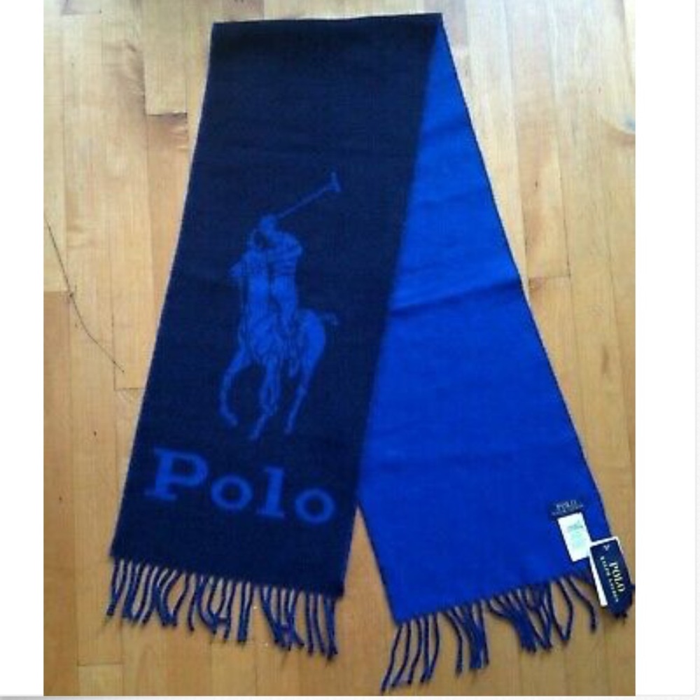 Polo Ralph Lauren Men's Blue Merino Italy Wool Scarf Polo Pony Graphic 10x70 NWT